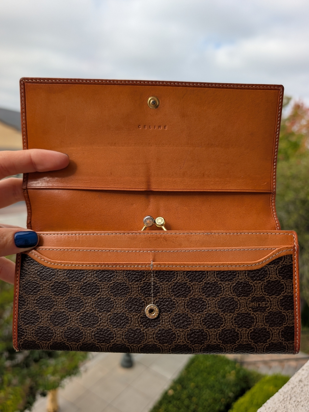 Vintage Celine Macadam Triomphe Long Kiss Lock Wallet Brown Tan
